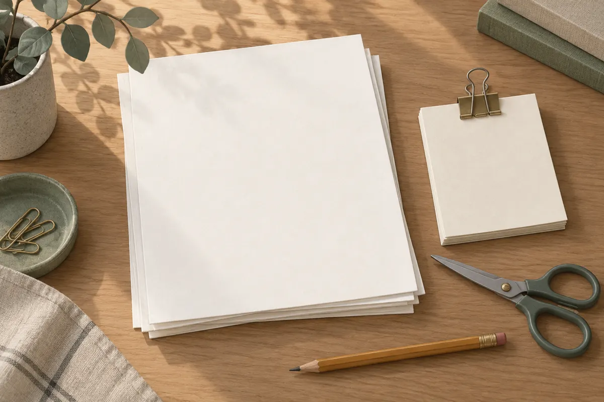 Ilustracja kartek do ponownego wykorzystania i małego bloczka spiętego klipsem na biurku